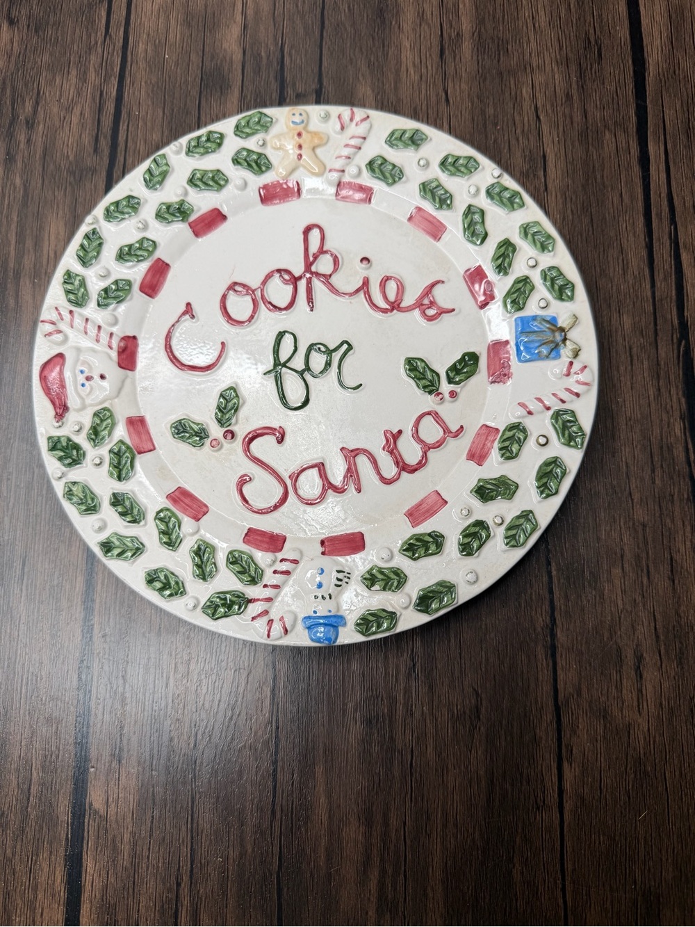 Vintage "Cookies for Santa" 3D Ceramic Plate – 10.5" Whimsical Holiday Wreath